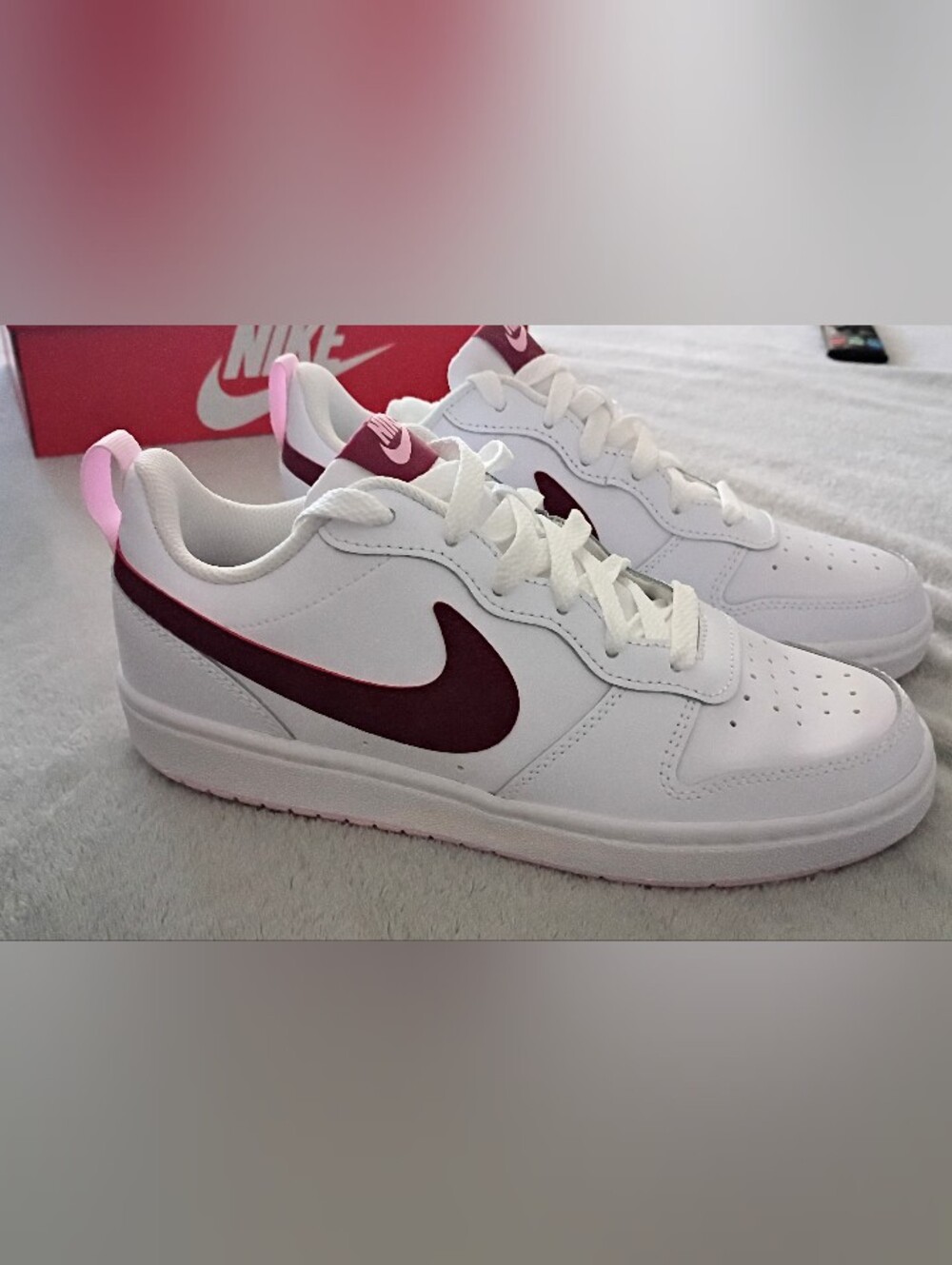 Nike Women's White Sneakers with Burgundy Swoosh and Pink Heel Tab